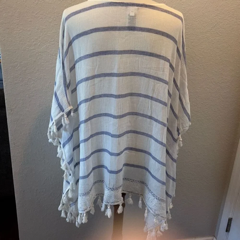 Chicos striped blue/white tassel trim poncho/kimono shirt/top cover up L/XL